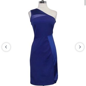 Halston Heritage purple mesh one shoulder ponte and satin sheath dress Small